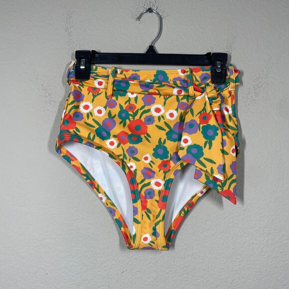 ModCloth Medium Greta High Waisted Bikini Bottom Swimwear Yellow Floral Tie Side - Picture 2 of 9